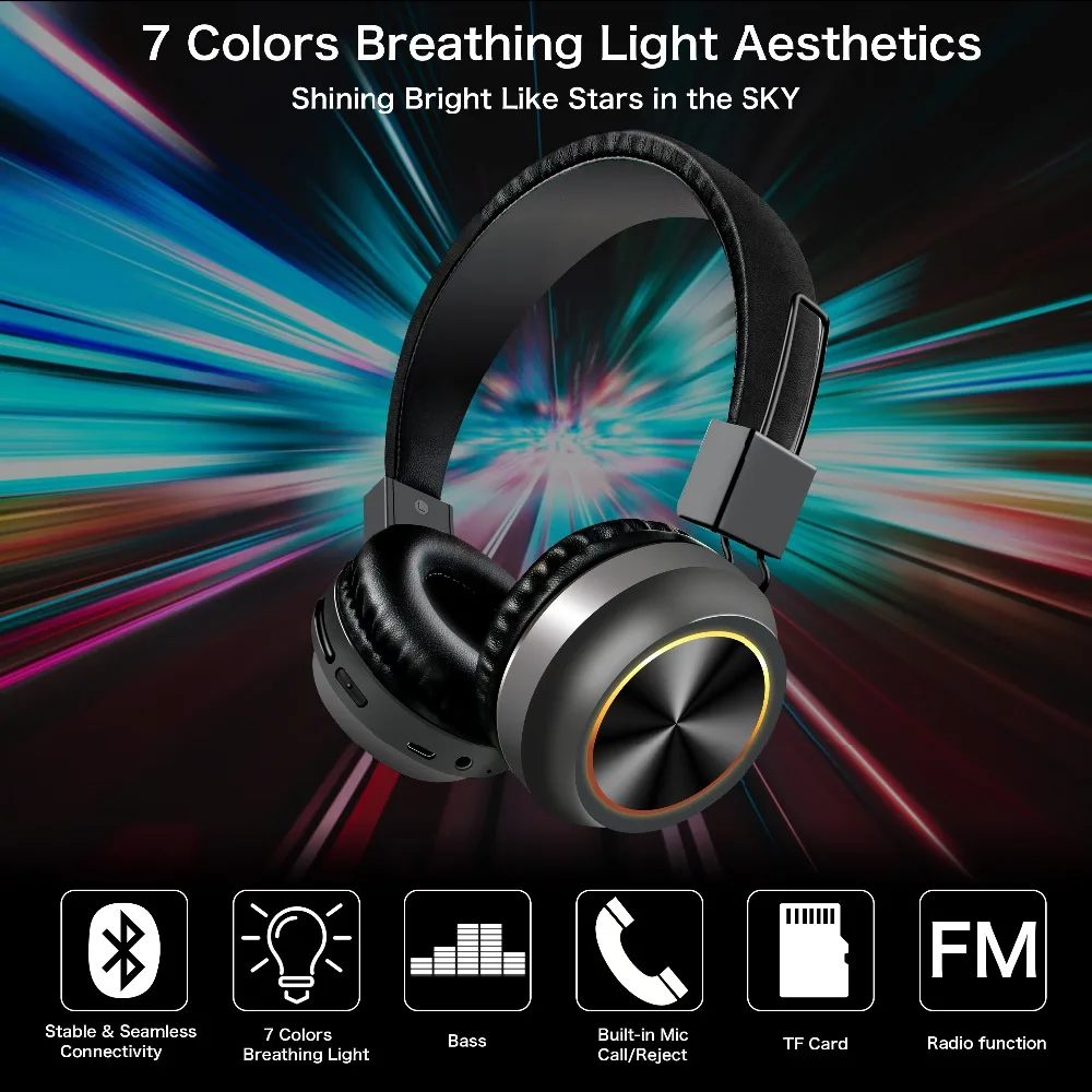 SOONHUA Wireless Bluetooth Headphone Soft Earmuff HD Stereo Sound Super Bass Headset With Led Breathing Light Support TF Cards |