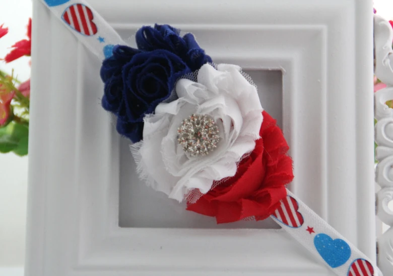 

5pcs/lot 4th of July America Patriotic Red White Blue Shabby Rosette Flowers Print FOE Elastic With Rhinestone Kids Headbands