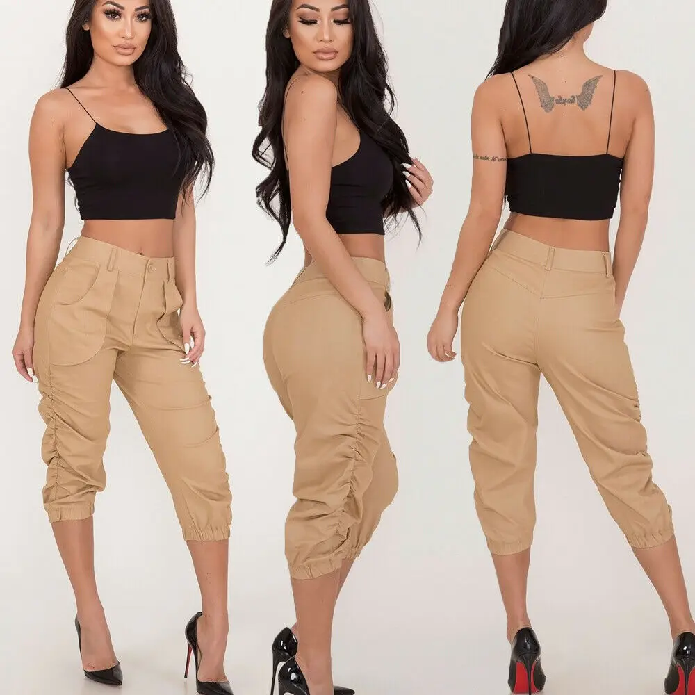 Casual Harem Trousers Women 3/4 Crop Capri High Waist Stretch Skinny Slim Elastic Pleated Summer | Женская одежда