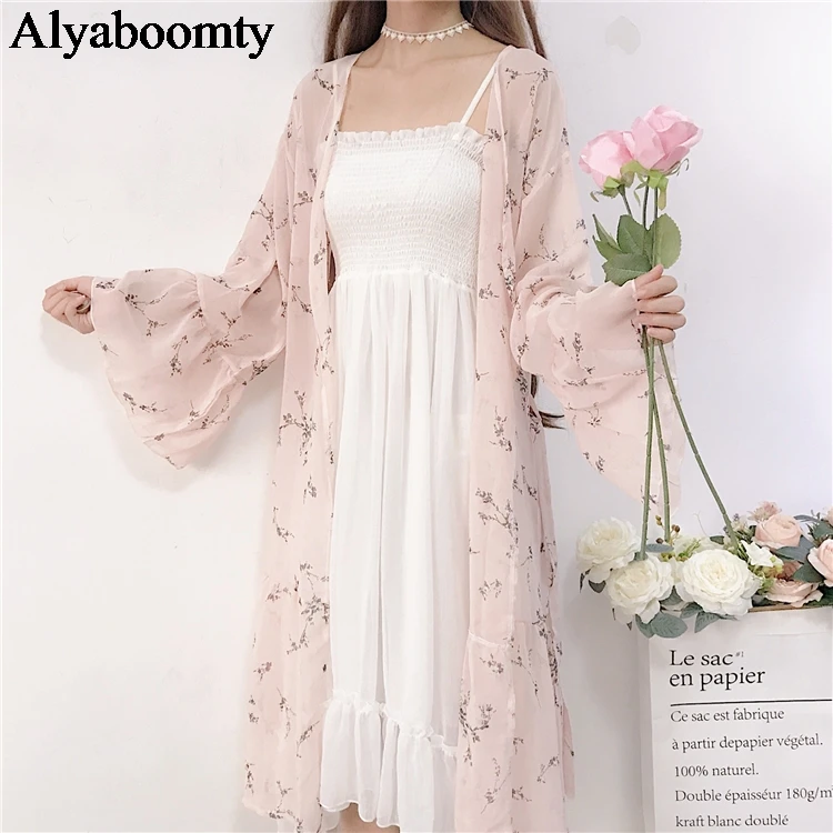 Японский Harajuku женский летний длинный Blusas пальто розовый цветочный принт