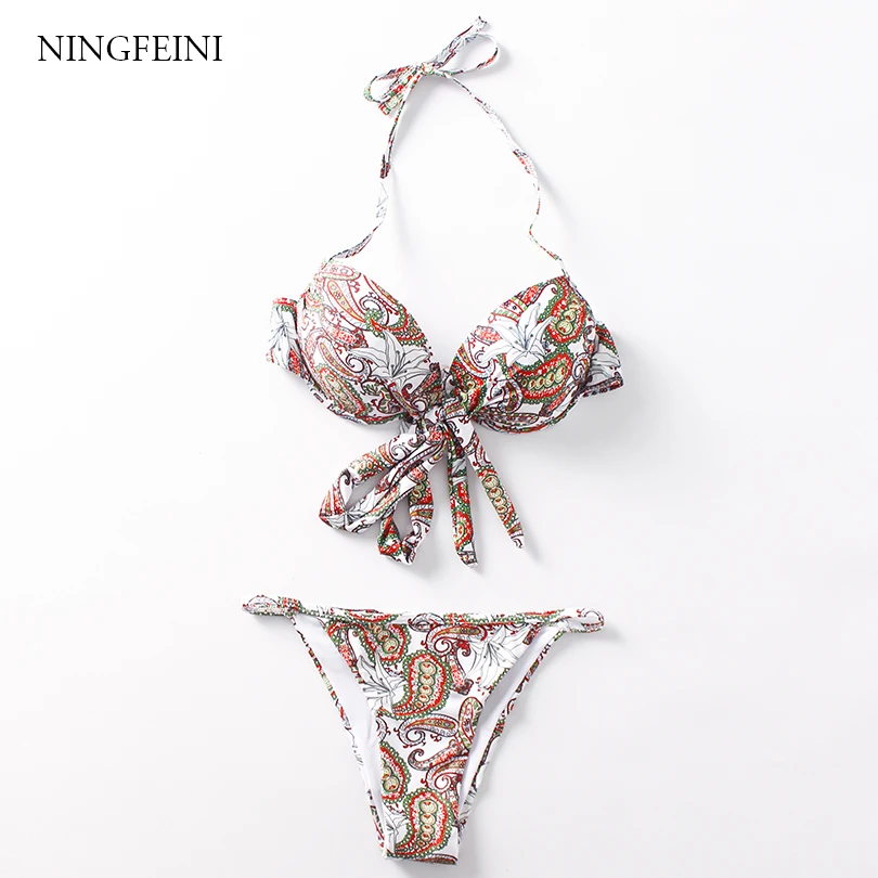 Ningfeini 2018 сексуальные бразильские бикини комплект кружевной бюстгальтер