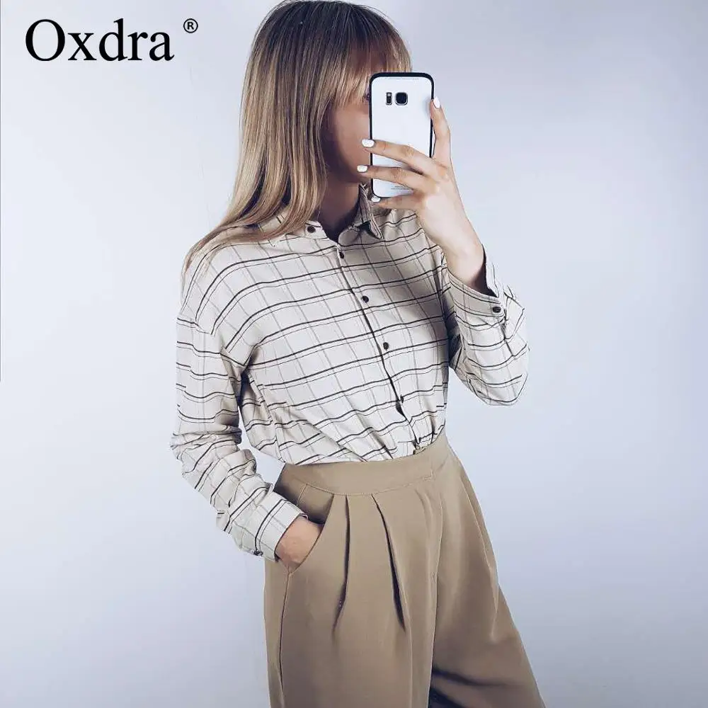 Oxdra/2019 летняя новая популярная винтажная Блузка в клетку однотонные рубашки с
