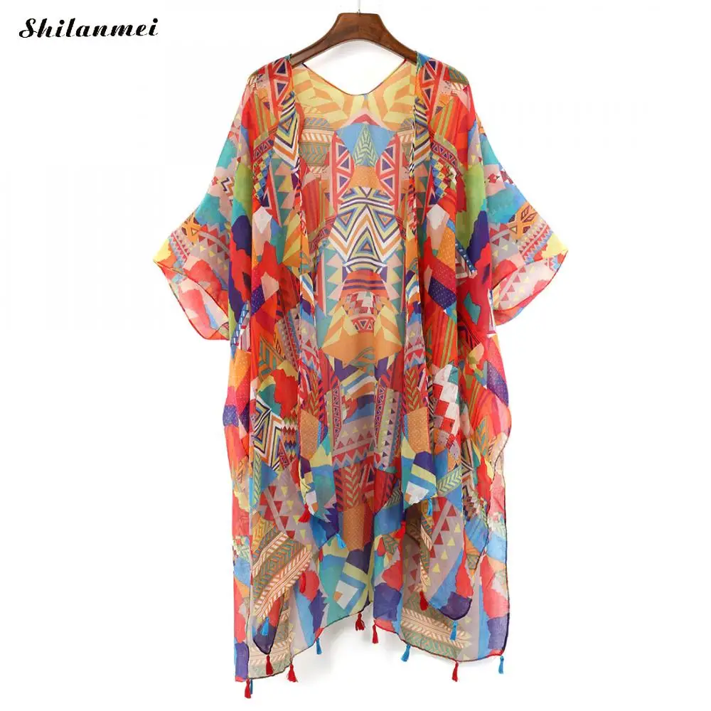 2 Разноцветное кимоно с цветочным принтом Mujer bluse Feminino Летний Пляжный длинный кардиган Женская винтажная блуза Boho Топ кимоно Женская рубашка - Цвет: 2