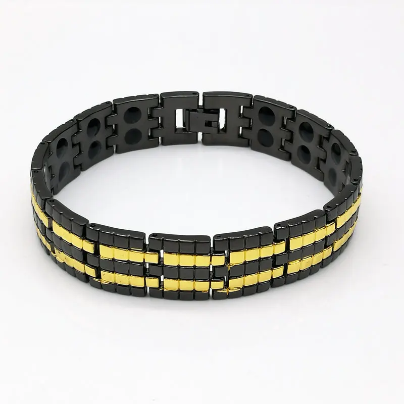 

2 PCS 15 mm double row with magnetic fashion between electric gold black man magnet stainless steel bracelet