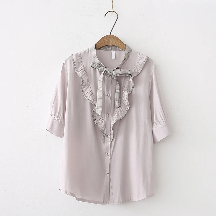 ruffled patchwork sash bow stand collar short sleeve shirt blouse mori girl 2018 summer |