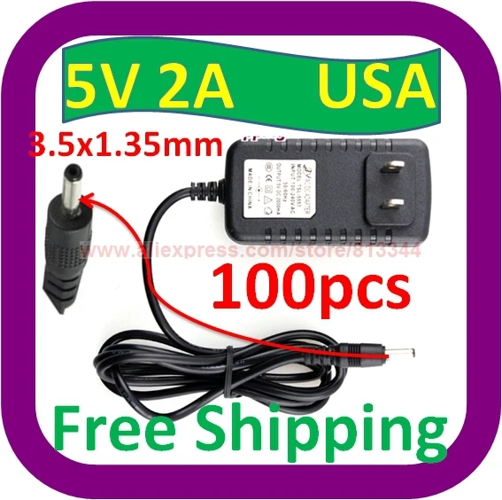 

100 pcs Free Shipping 5V DC 2A 2000mA AC Adapter 3.5mm x 1.3mm Home Wall Charger Power Supply Cord