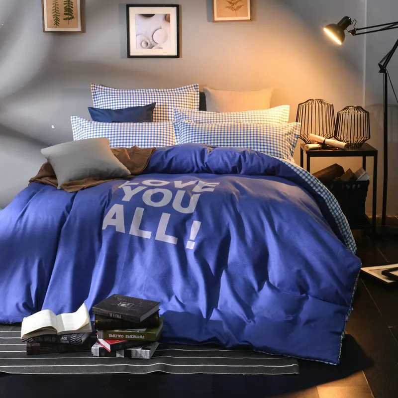 Темно синий сплошной цвет с буквенным узором домашний текстиль 4 шт. постельные