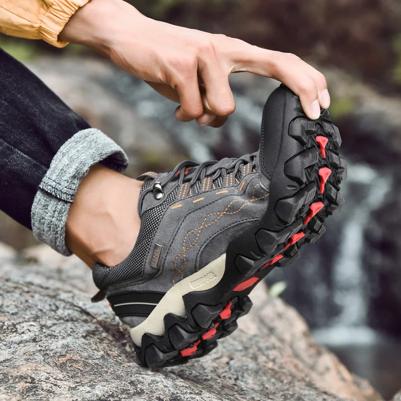 MANLI New Outdoor Leather Hiking Shoes For Men Shock Absorption Anti-skid Wear-resistant Camping Walking Trekking Sneaker | Спорт и