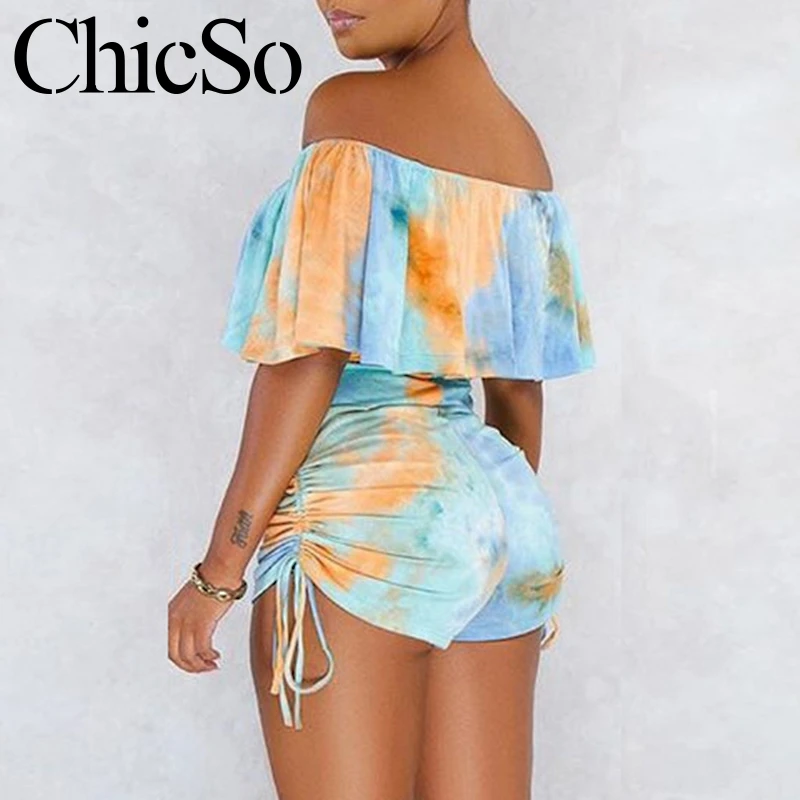 MissyChilli Tie dye pleated short jumpsuit women Bodycon elegant off shoulder romper summer Autumn sexy club streetwear playsuit |