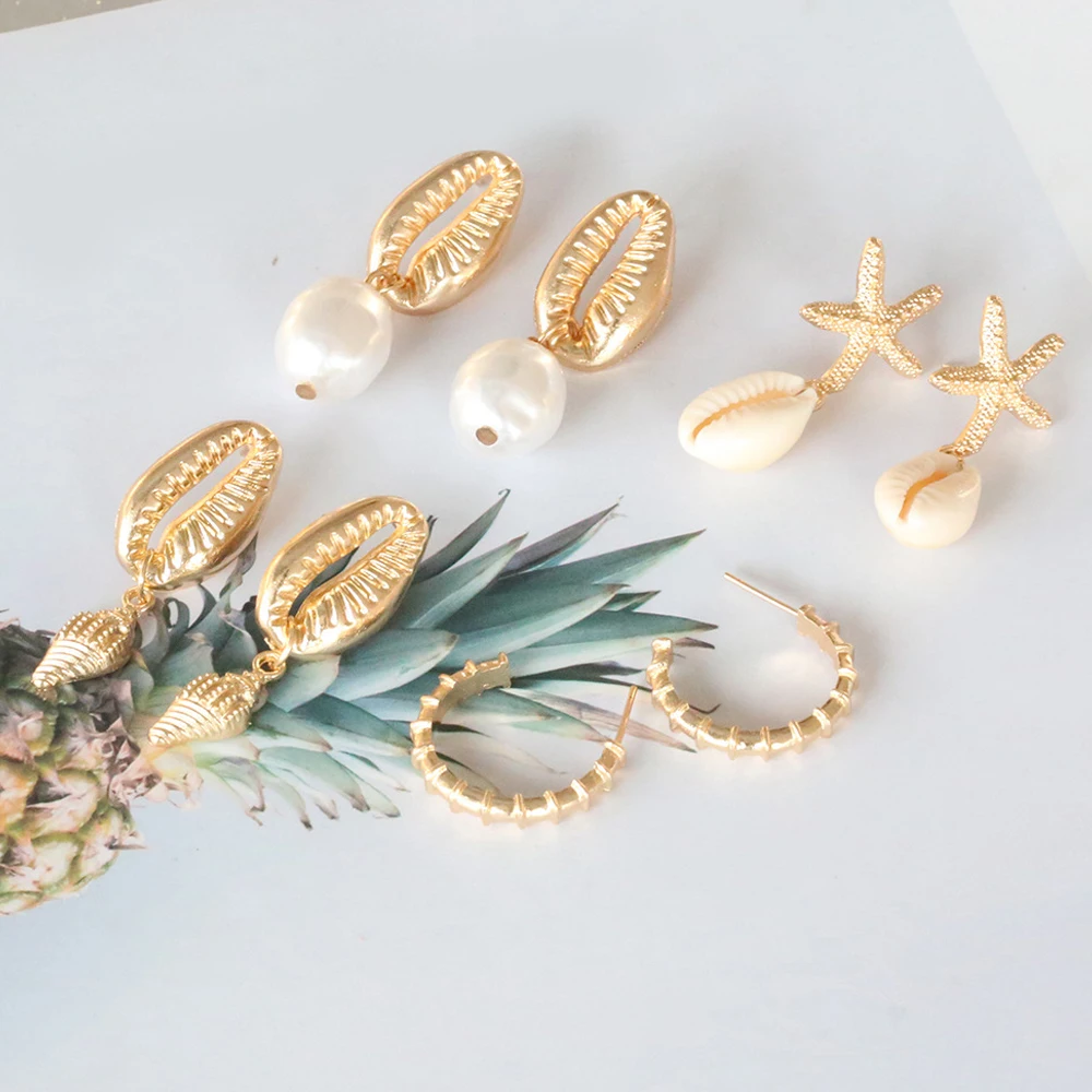 8 шт./компл. женские золотые серьги в виде Ракушки Морская звезда большие круглые