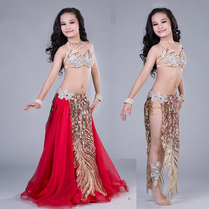 Ребенок танец живота костюм Топы + юбка 2 шт./компл. Девушки Индийский Танцы сцены
