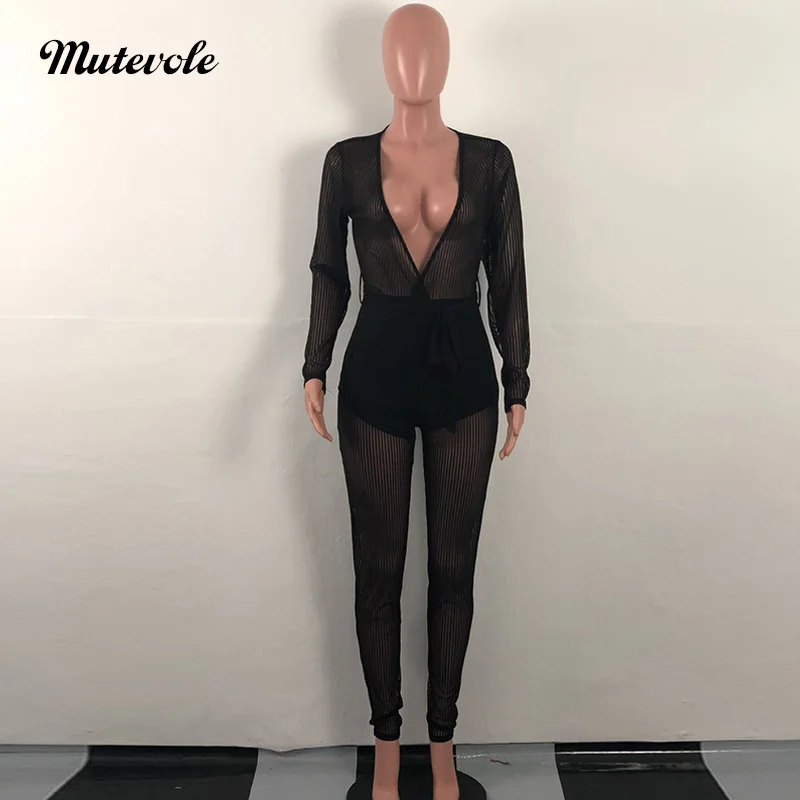 Mutevole Long Sleeve See Through Jumpsuit Women Deep V Neck Sexy Black Mesh Ribbed Transparent Elegant Party Jumpsuits Женская одежда