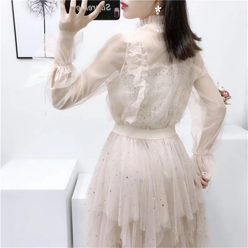 Neploe Lace Sweet Girl Grace Women Blouse Hollow Out Puffs Blousa 2019 New Auttum Elegant Slim Casual Fashion Shirt 68683 |