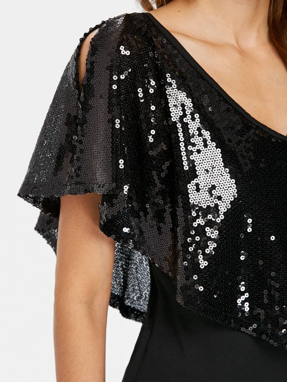 Sexy Women Plunging Neck Sequin T-shirt Summer Batwing Sleeve Solid Short Shirt Female Casual Deep V-neck Loose Tee Tops | Женская