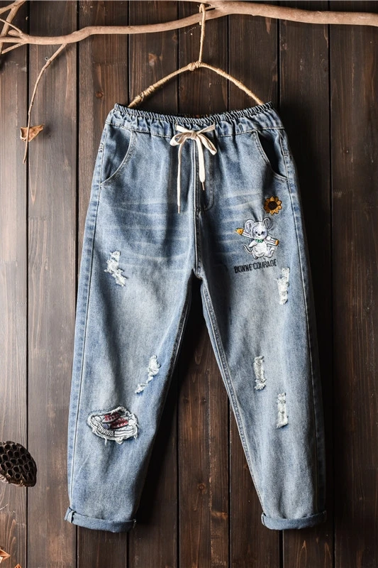 Рваные джинсы для женщин шаровары длиной до щиколотки эластичная резинка на