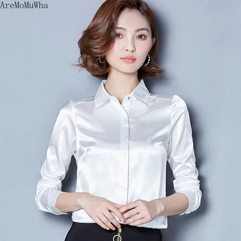 

AreMoMuWha 2019 Spring New Korean Professional Shirt Female Silk Satin Shirt Slim Temperament Silk Long-sleeved White ShirtMH216