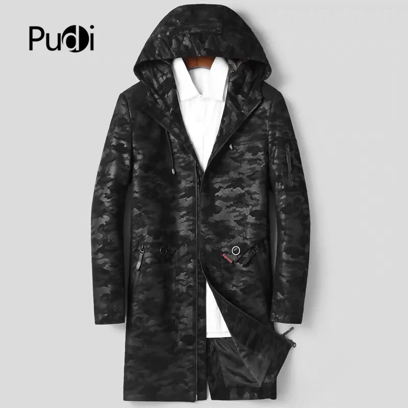 Pudi MT906 Новая модная мужская куртка из натуральной овчины камуфляжная Длинная кожаная куртка с капюшоном зимняя теплая верхняя одежда