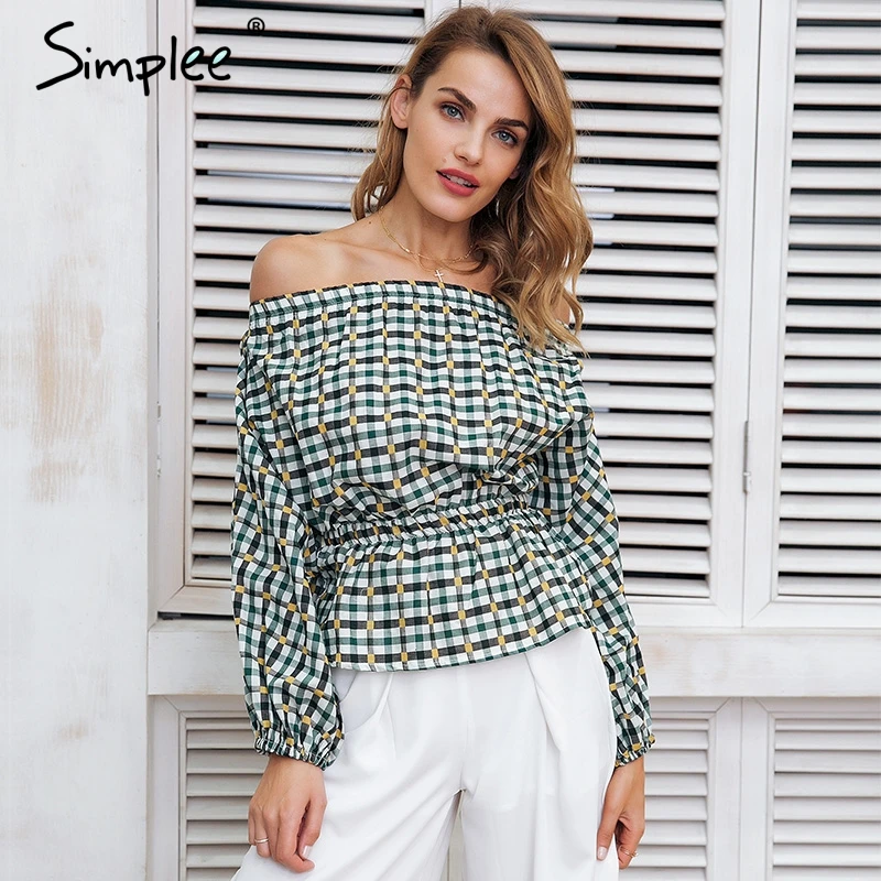 Женская клетчатая блузка Simplee женская с открытыми плечами эластичным поясом
