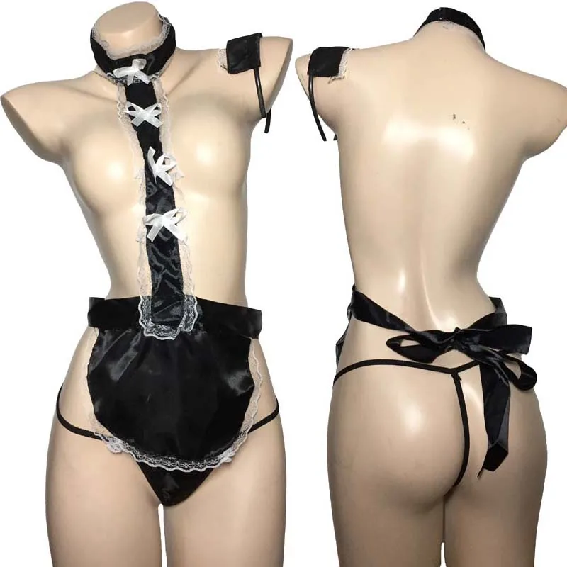

Sexy Costume Black White French Maid One Piece Cupless Backless Aprons and Satin Bow Head Piece Fantasy Lingerie Set