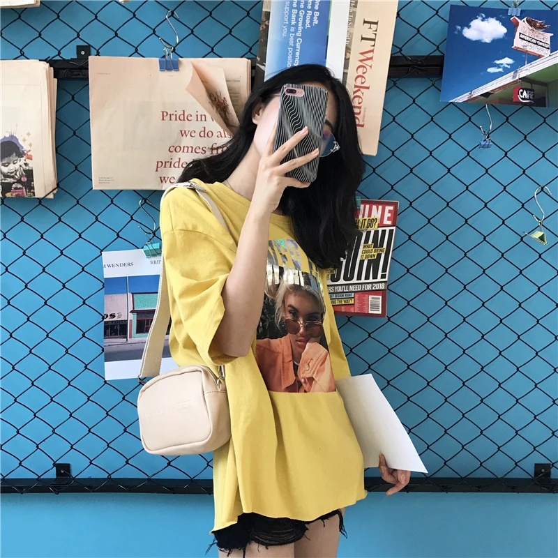 Oversized T Shirt For Women Tops Short Sleeve Loose Cotton T-shirt Female Harajuku Printed Long T-shirts Side Open-cut shirts | Женская