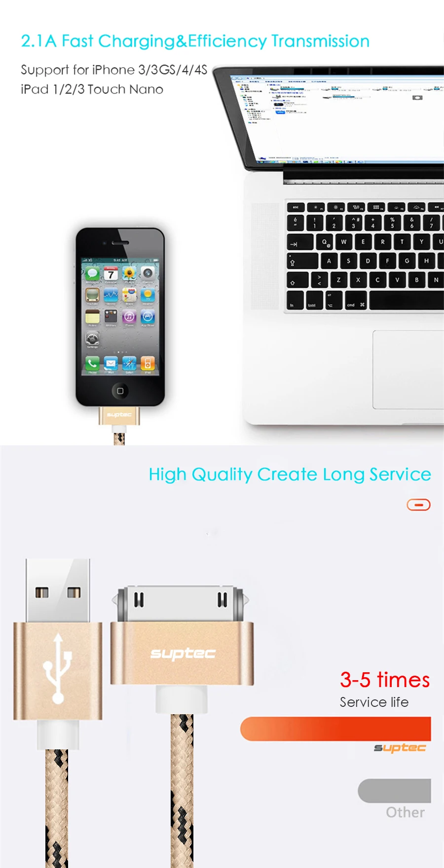 Usb-кабель SUPTEC для быстрой зарядки iPhone 4, 4S, 3g, S, 3g, iPad 1, 2, 3, iPod Nano touch, 30 Pin, адаптер для зарядного устройства, шнур для передачи данных