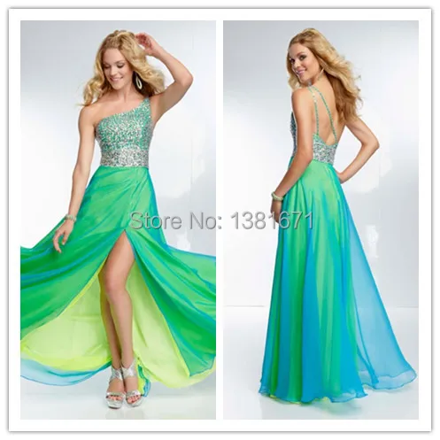 One Shoulder Beading Tops Color Block Summer Slit Long Chiffon Evening Dress 2014 Vestido De Renda | Свадьбы и торжества