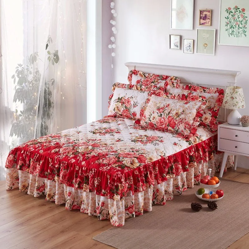 

Lover Couple Adult Kids Girl Red Pink Thick Quilted Bed Skirt Soft Cotton Sheet Cover Linen Single Full Queen Size Bedspreads 2m