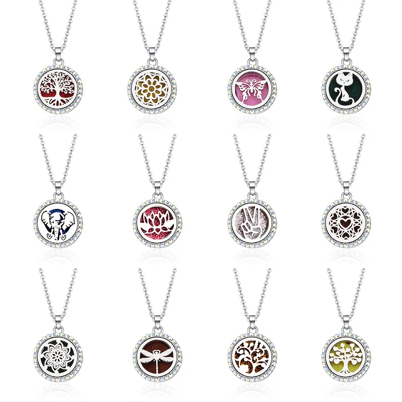 

tree of Life stainless steel color Crystal AB drill Aroma Diffuser Necklace Pendant Perfume Essential Oil Aromatherapy Locket