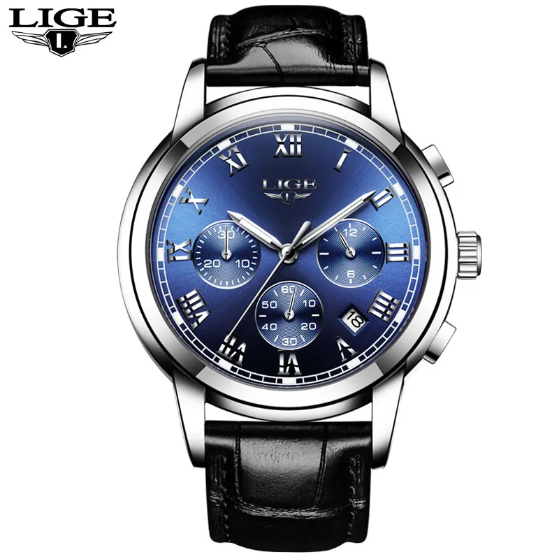 leather silver blue LIGE Relogio Masculino мужские часы Роскошные Известный Топ бренд мужские модные повседневные кожаные нарядные часы военные кварцевые наручные часы - Цвет: leather silver blue