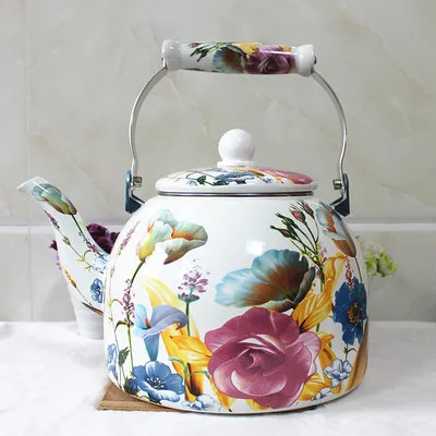Плоский чайник для воды объемом 5 л эмалированный из фарфора молока цветов
