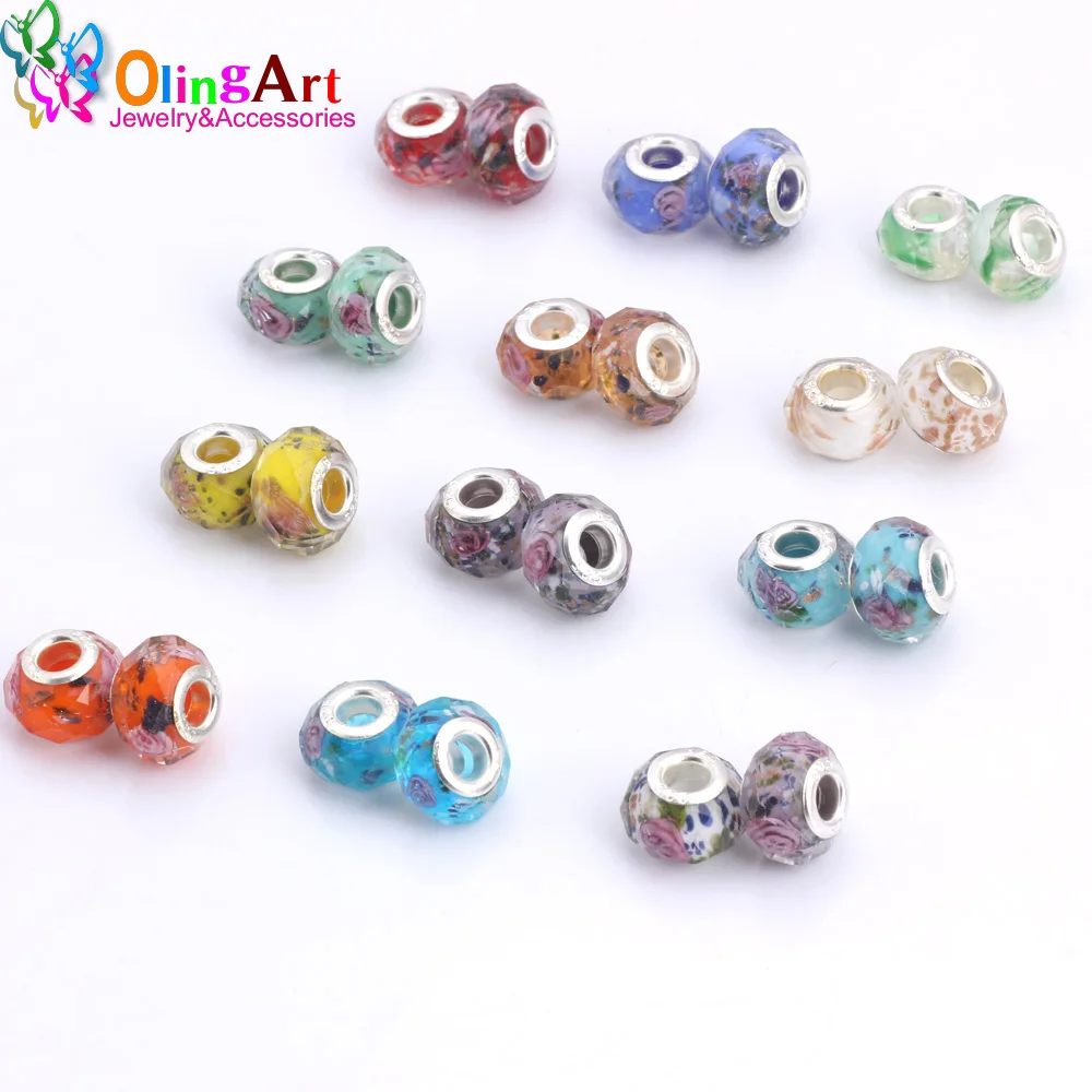 

OlingArt 14*9mm 6Pcs/lot Leather clasps Cut glass beads Rose pattern Random multicolor DIY Round hole 5mm Jewelry making