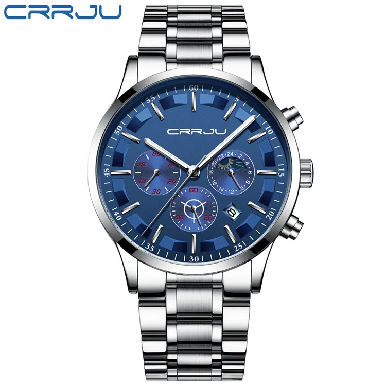 S Silver Blue CRRJU мужские часы Топ бренд Роскошные Модные Бизнес Кварцевые часы мужские спортивные полностью стальные водонепроницаемые черные часы Relogio Masculino - Цвет: S Silver Blue
