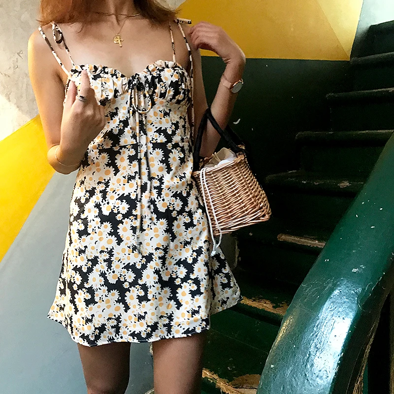 Летнее пляжное платье элегантное винтажное Kwaii желтое Цветочное туника на