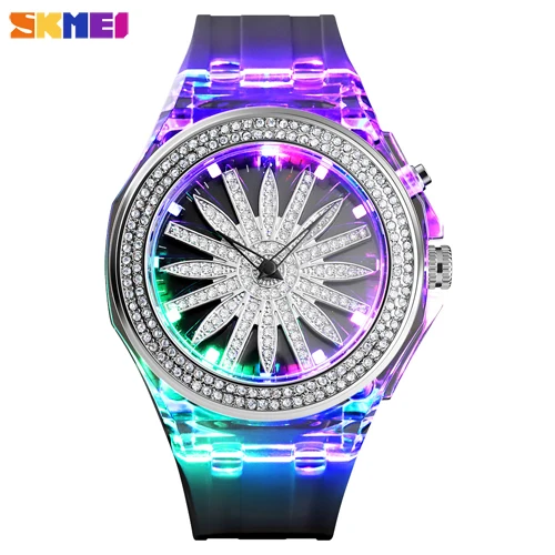 Black-Silver SKMEI креативные красочные кварцевые женские часы с цветочным циферблатом водонепроницаемый светодиодный задний часы с подсветкой женские наручные часы Relogio Feminino - Цвет: Black-Silver