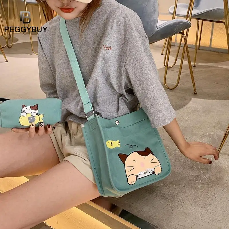 2 шт./компл. Милая холщовая женская сумка через плечо с мультяшным котом
