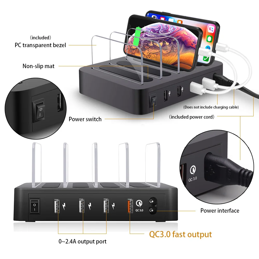 Станция быстрой зарядки USB 4 порта QC 3 0 несколько устройств|Зарядные устройства