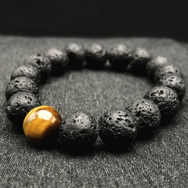 Мужской браслет из вулканической лавы 12 мм с бусинами и тигровым глазом|bracelets