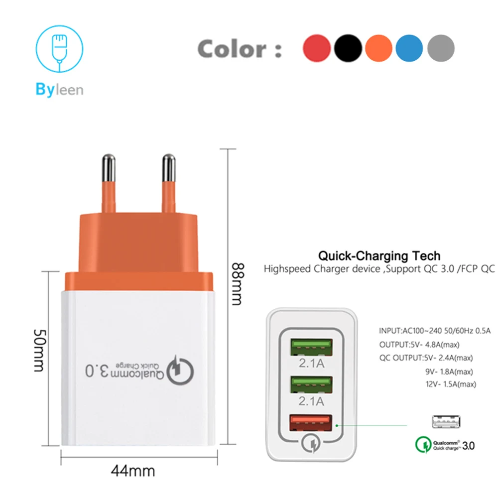 Сетевой адаптер для быстрой зарядки с 3USB портами QC 3 0 и USB Type C длина 1 м кабель