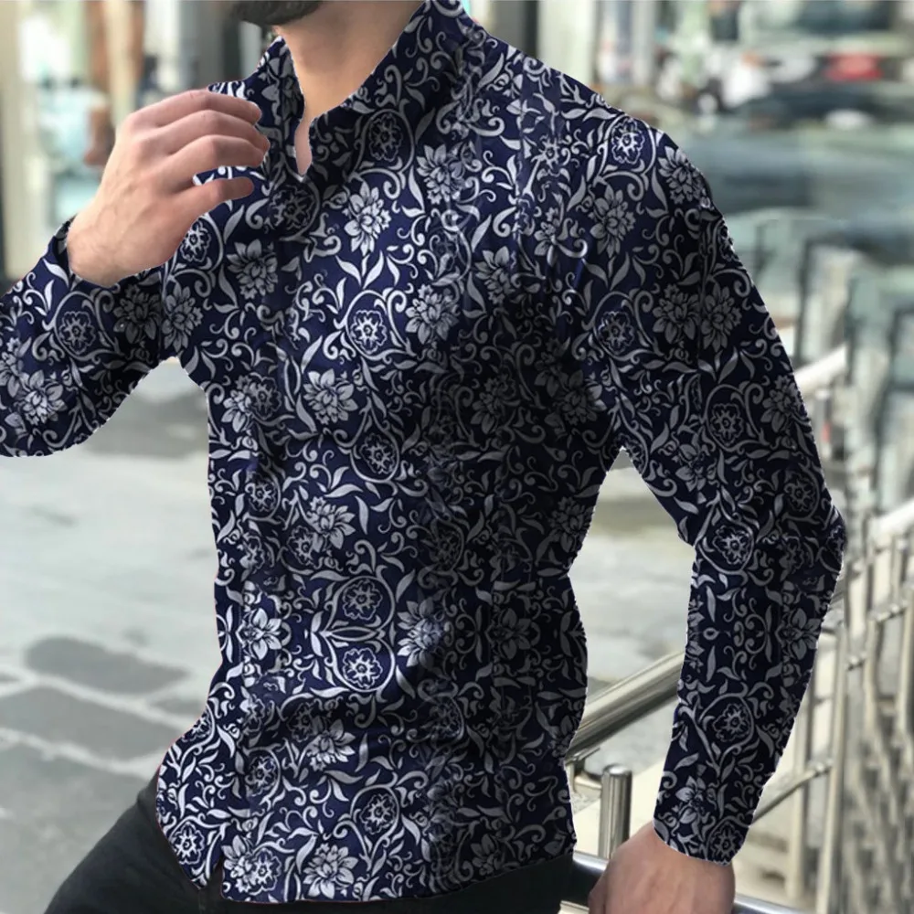 Мужская рубашка осень плюс размер Slim Fit рубашки мышцы с длинным рукавом цветочным принтом Мужская блузка Cothing Camisa Social Прямая C