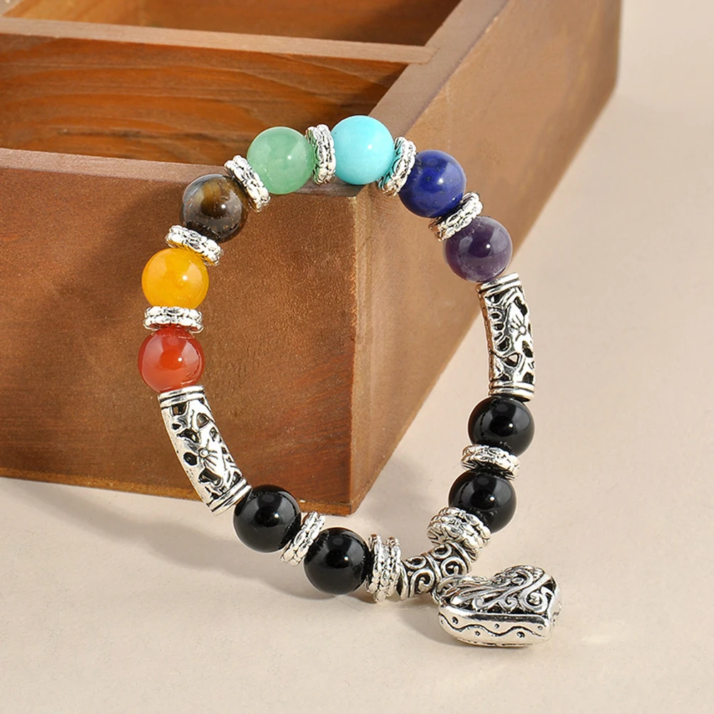 Vintage 7 Chakra Balance Stone Beaded Bracelet Women Heart Charm Bangle Gift | Украшения и аксессуары