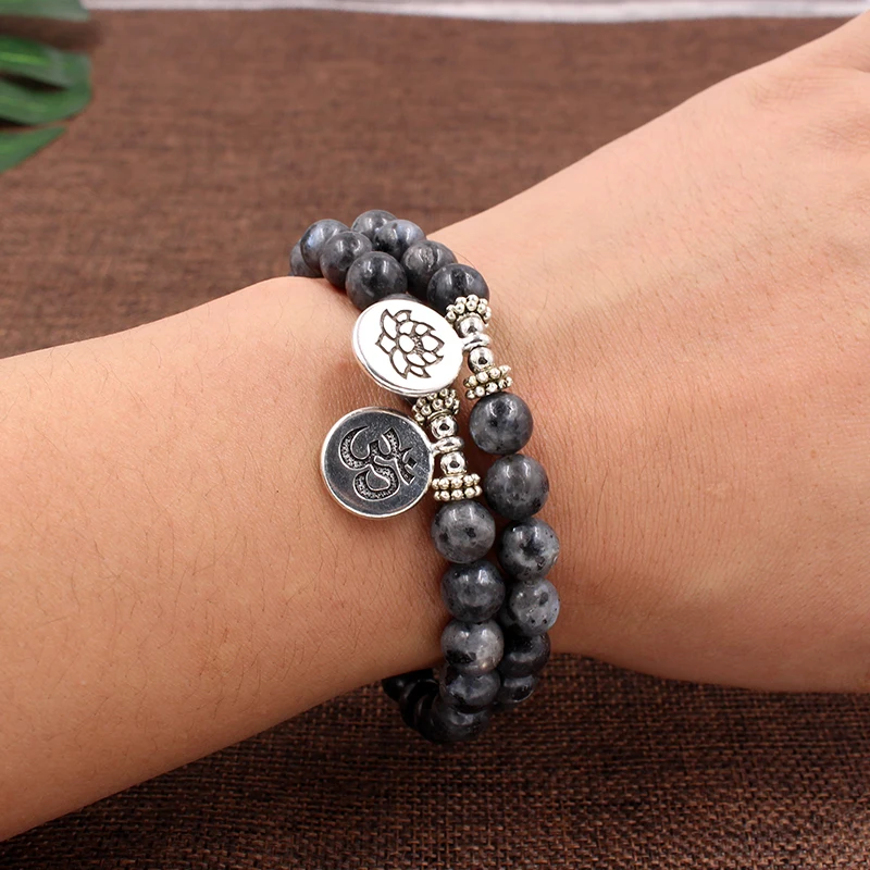 

New Mala Bead OM Bracelets Lotus Buddha Yoga Charm Wrist Black Labradorite Stone Bead Wrist Boho Yoga Bracelet Men Women Jewelry