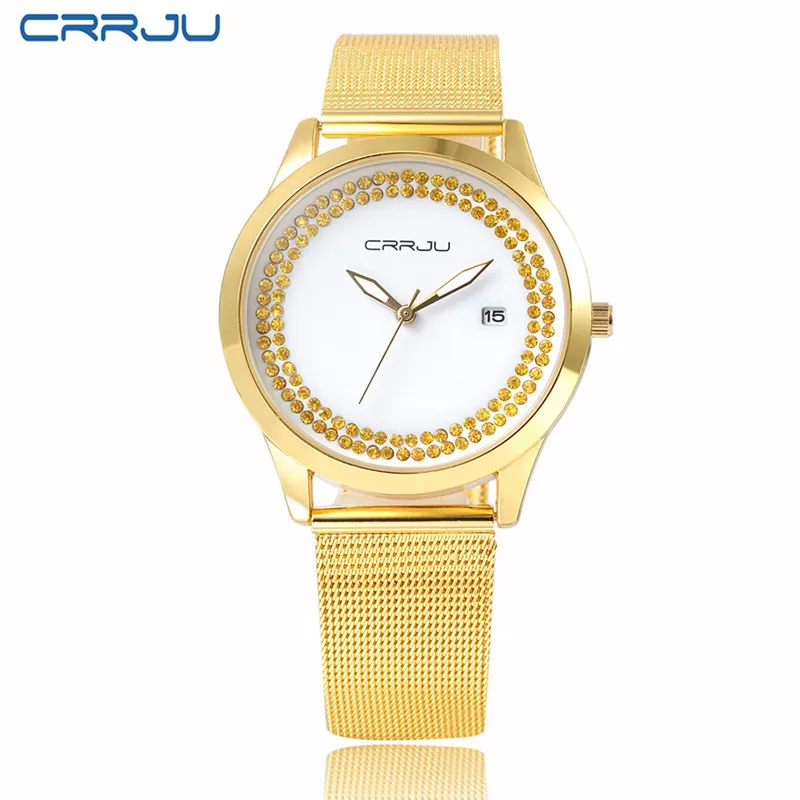 Модный дизайн CRRJU Роскошные брендовые золотые часы женские повседневные