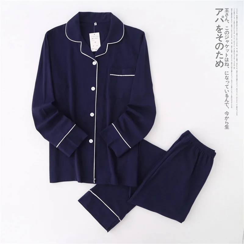 Women navy blue Чистый цвет, хлопок, пижама, набор, осень, комплект, пара, пижама, зима, для женщин, пижама с длинным рукавом, домашняя одежда для женщин - Цвет: Women navy blue