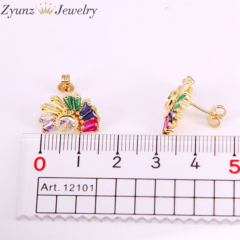 

6Pairs, Rainbow colorful cz paved multi color gold delicate earring