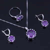 fabulous round purple cubic zirconia white cz silver plated jewelry sets earrings pendant chain ring v0281