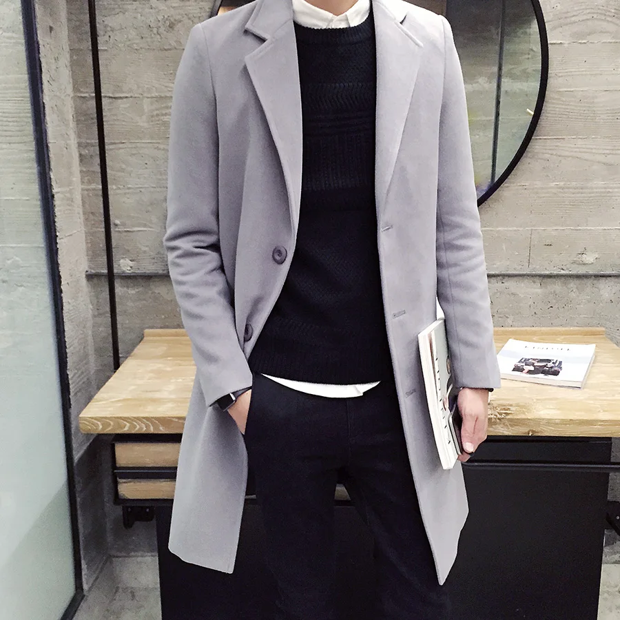 Мужское зимнее пальто из шерсти и смески мужское повседневное длинное шерстяное