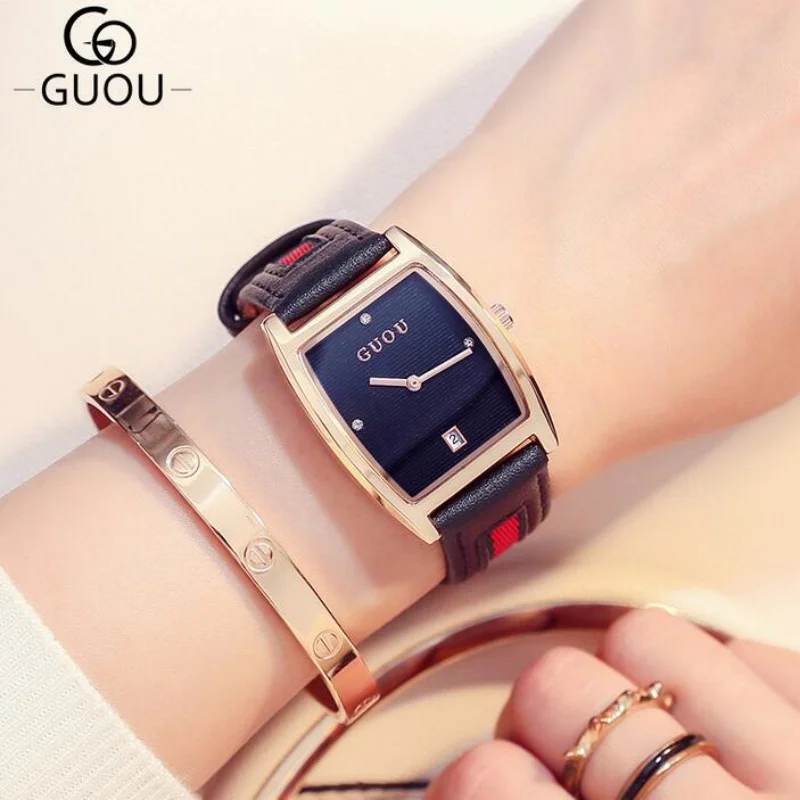 Guou Роскошные Брендовые Часы Модные женские часы кварцевые кожаные montre