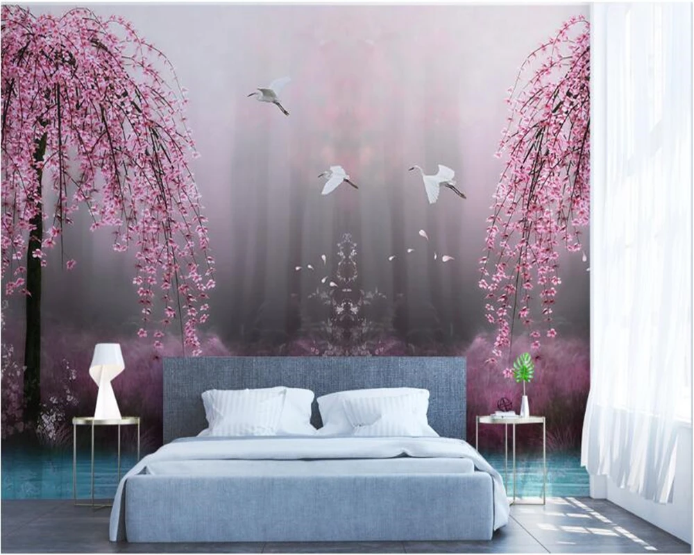 beibehang Beautiful personality three-dimensional wall paper fantasy pink cherry Swan Lake scenery TV background 3d wallpaper images - 6
