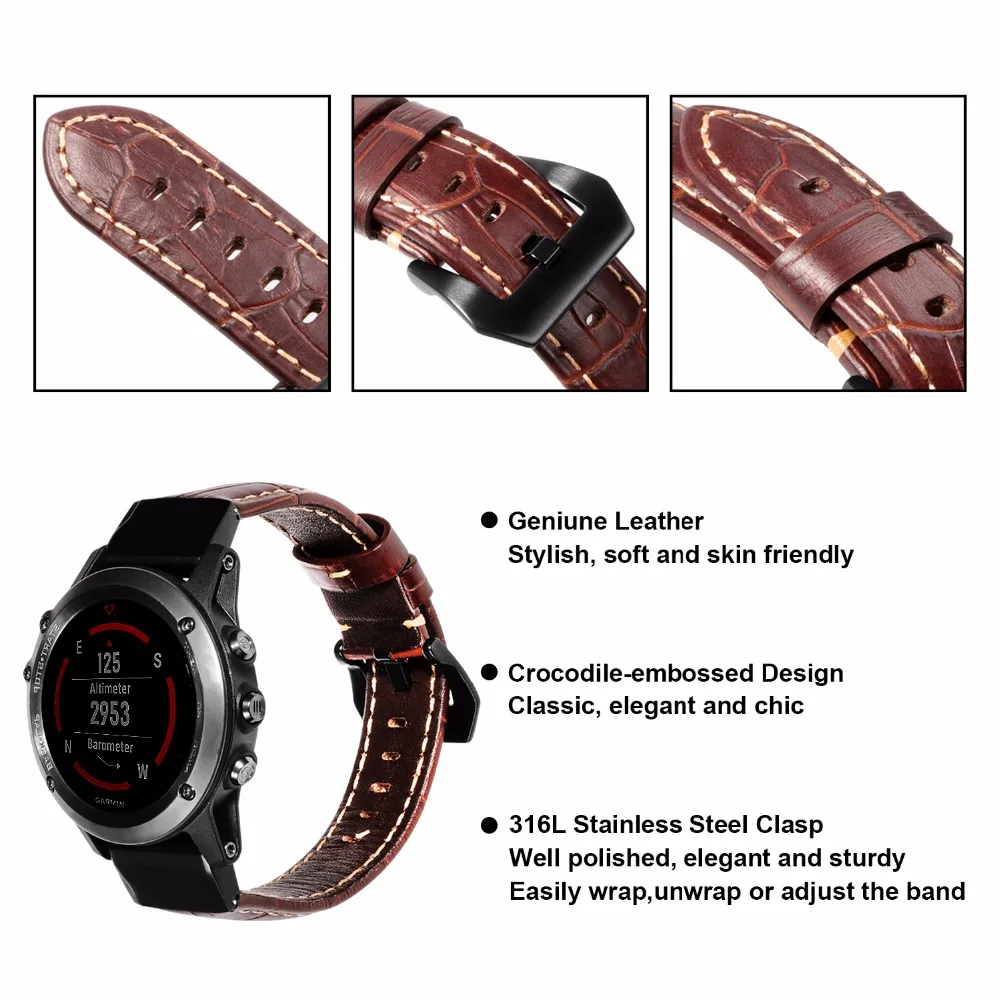 Ремешок для часов из натуральной кожи 26 мм Garmin Fenix 5X/5X Plus/3/3 HR/D2/Descent MK1|Ремешки