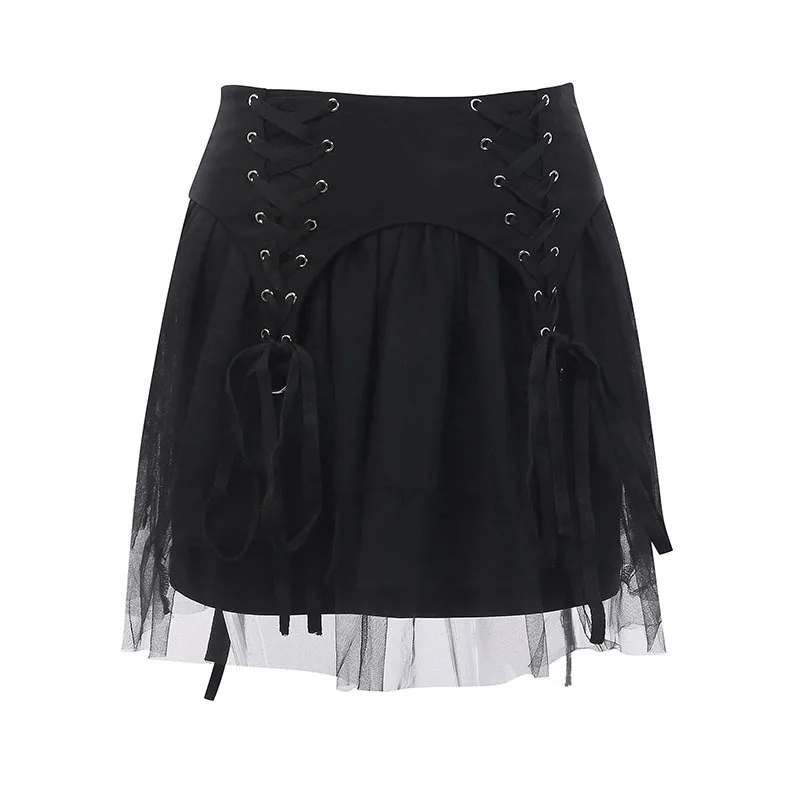 black WannaThis Бандажное бальное платье с высокой талией из эластичной сетки, юбки из вуали, Короткие мини женские летние повседневные сексуальные модные готические юбки, новинка - Цвет: black